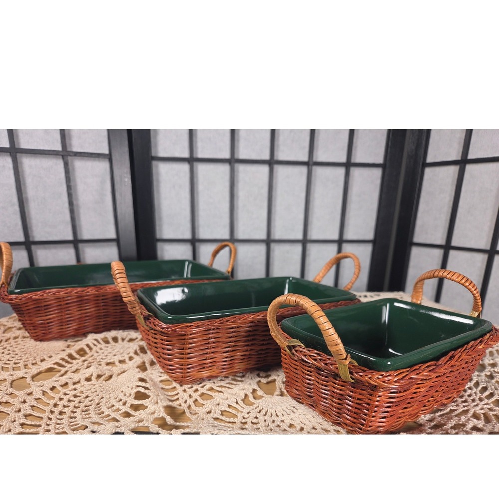Vintage Green Ceramic Baking Dish Set with Wicker Baskets 3 Pieces Rectangular